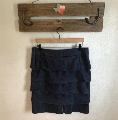 Sandro Sportswear Layered Ruffled Dark wash Blue Chambray Denim Skirt Size 12 - Image 1 of 4