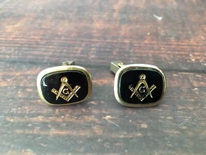 Freimaurer Freimaurer schwarz gold rechteckig intarsiert Kompass quadratisch Manschettenknöpfe Ohrstecker USA - Bild 1 von 6