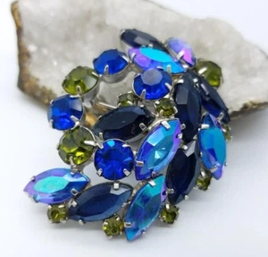 Vintage D&E JULIANA Shades Of Blue And Green Rhinestone Brooch - Picture 1 of 6