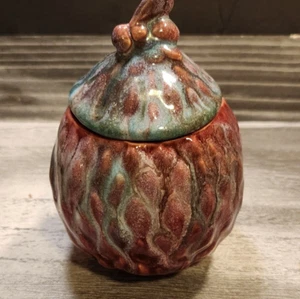 5" Handmade Clay Pottery Jar Trinkets Change Lid Purple Blue Top With Bee - Picture 1 of 6