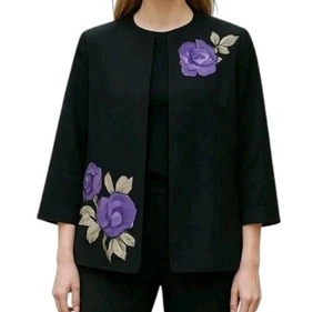 Kasper Blazer Size 18W Black Purple Applique Flowers 3/4 Sleeve Open Front New - Picture 1 of 13