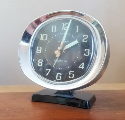 Vtg Westclox Baby Ben Wind-Up Alarm Clock Black Chrome Trim Luminaire MCM Cover