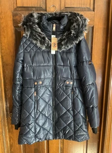NWT Nicole Miller Studio Women's Sz XL Navy Blue Puffer Coat w/Faux Fur Hood - Picture 1 of 17
