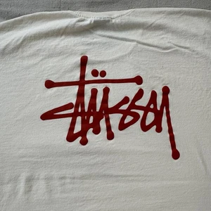 STUSSY T-Shirt XXL Basic OFF White Natural RED LOGO Cream vtg CLASSIC - Picture 1 of 3