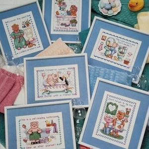 Dimensions Bathroom Reminders Cross Stitch Pattern Kids, Bear, Rabbit - Picture 1 of 3