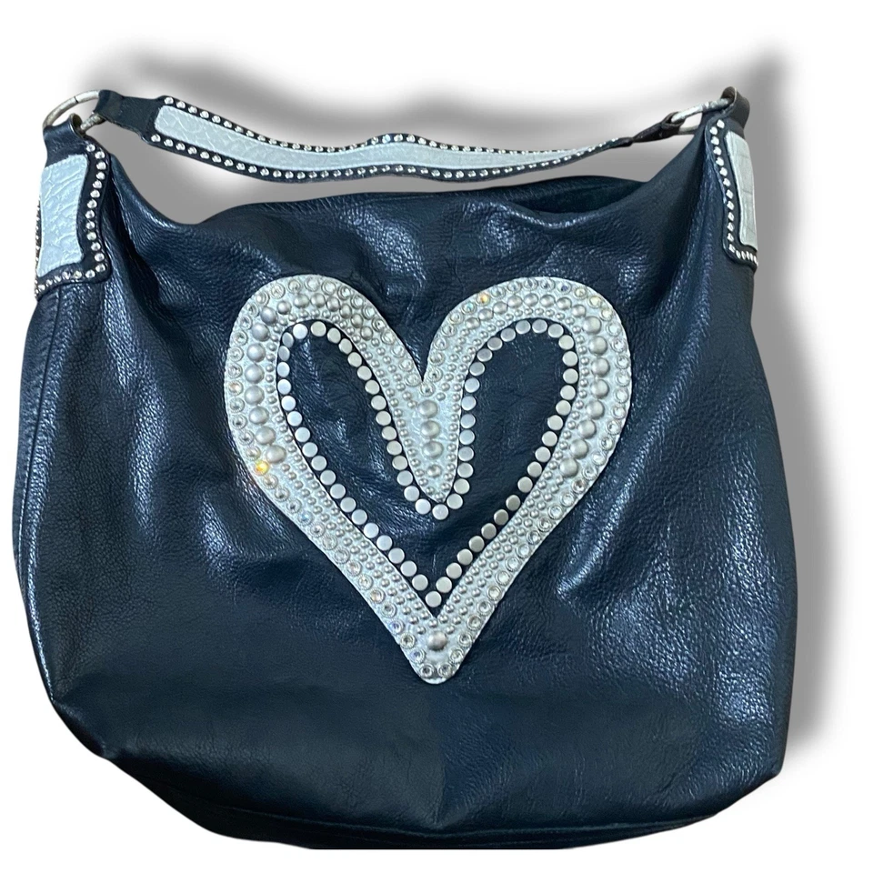 LeatheRock EE. UU. Cuero Negro Tachonado Bolso de Hombro Cartera Hecho en EE. UU. Corazón Foto 1 de 4