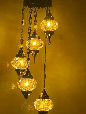 Turkish Pendant Lamp, Turkish Ceiling Lighting, Turkish Pendant Lamp, 5 Globe - Image 1 of 4