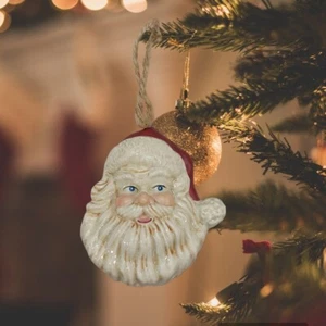 Rustic Santa Claus Head 3D Face Ceramic Glossy Crackle Christmas Ornament 4" - Picture 1 of 10