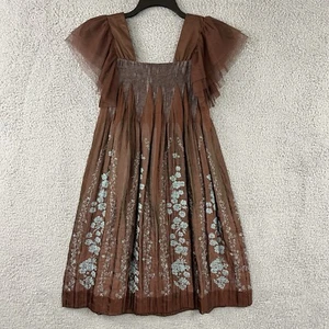 Young Essence Mini Dress Womens M/L Brown Blue Floral Smocked Gobblincore Fairy - Picture 1 of 24