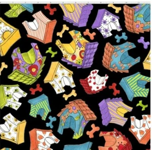 1 Yard Of Loralie Happy Dog Houses Black Background 100% Cotton Fabric - Picture 1 of 1