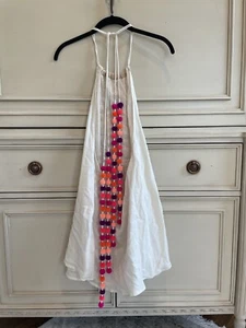 Sundress Open Back Pom Pom Halter Tie Beige Beach Cover XS/S 100% Cotton - Picture 1 of 5