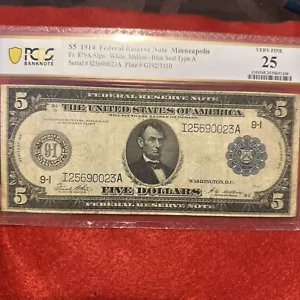 1914 $5 FEDERAL RESERVE NOTE Minneapolis Fr#879A PMG VERY FINE 25 - Picture 1 of 6