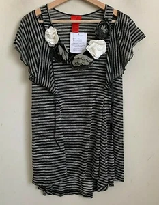 Christina Floral Tunic Top Black White Stripe Cold Shoulder Short Sleeve M NEW - Picture 1 of 5