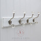 VINTAGE DISTRESSED WHITE WOODEN WALL COAT RACK CLEAR GLASS METAL CAST IRON HOOKS