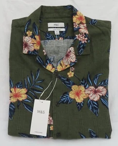MEN'S MARKS AND SPENCER GREEN MIX FLORAL LINEN BLEND SHORT SLEEVE SHIRT SIZE XL - Picture 1 of 9