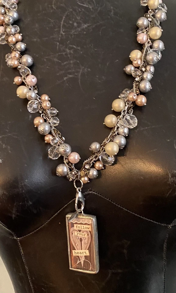 Jewel Kade Charm Pendant Necklace Crystal Pearl Bauble Beaded FOLLOW YOUR HEART - Image 1 of 4