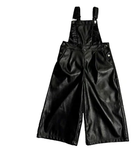 Mayoral Girls 8 Black Faux Leather Dungarees Cropped Pants Overalls 128cm - Picture 1 of 14