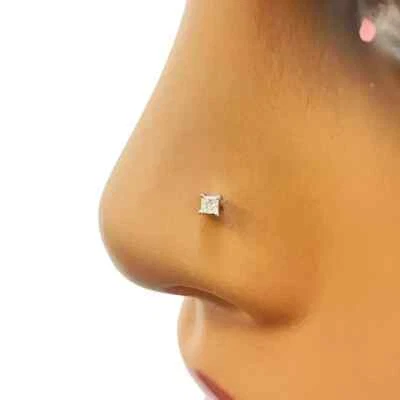 2.5MM Natural Diamond Princess Cut 14k Yellow Gold 18g Nose Pin Screw Back - Image 1 of 4