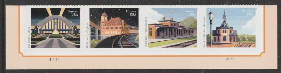 US 5758-5762 5762b Railroad Stations F plate strip 4 MNH 2023 - Image 1 of 1