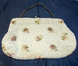 Pochette a mano vintage corde bead lumured avorio floreale perline - Foto 1 di 12