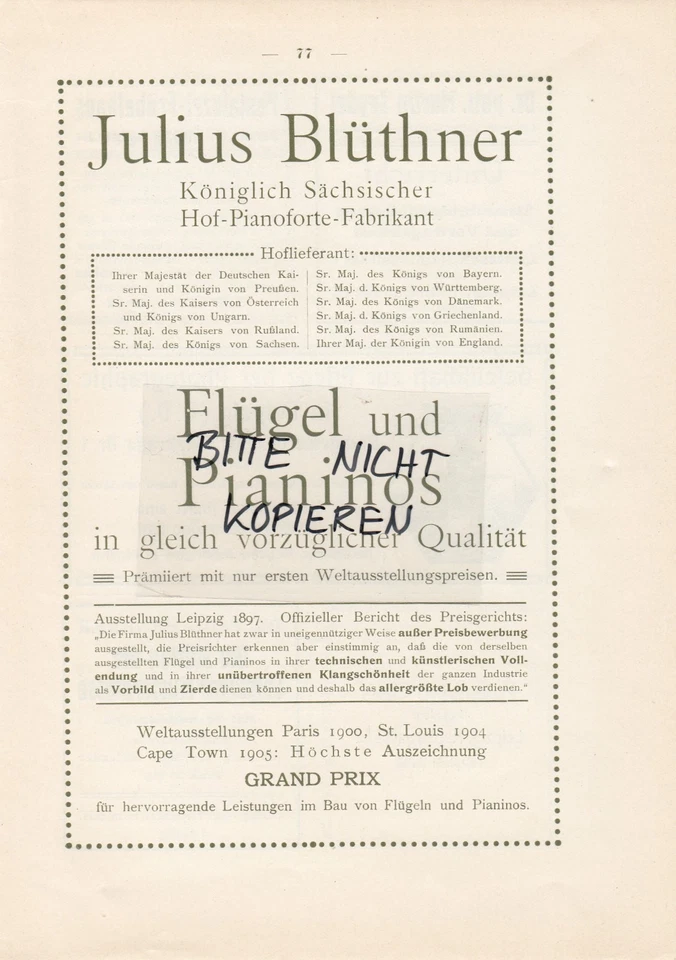 LEIPZIG, Werbung 1910, Julius Blüthner Pianoforte-Fabrik - Bild 1 von 1