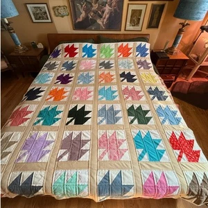 Edredón de hojas de otoño de arce vintage multicolor hecho a mano arte granja - Imagen 1 de 17