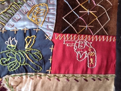 Unique Antique Hand Embroidered Folk Art Primitive Crazy Quilt W/ Shams 55 X 60 - Image 1 of 4