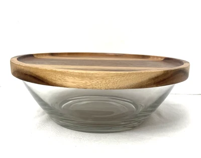 Ocean Thailand Glass Bowl Wood Lid/Platter Marked 10" D Minimalist Neutral - Image 1 of 4