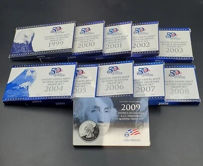 1999 - 2009 U.S. Mint Proof State Quarters 11 Sets w/ COAs CLAD - Free Ship USA - Image 1 of 4