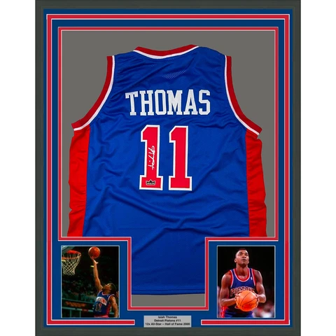 Framed Facsimile Autographed Isiah Thomas 33x42 Blue Reprint Laser Auto Jersey Cover