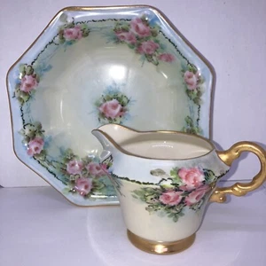 Vtg Antique Hand Painted Gilded Porcelain Rose Creamer And Bowl. Germany Signed - Picture 1 of 6