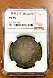 SWITZERLAND 1895 B 5 franc Silver  NGC VF25 KM34 rich toning scarce - Picture 1 of 9