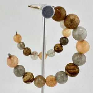 1.75” Gold Tone Natural Stone Agate Jasper Quartz Beaded C-Hoop Earrings - Picture 1 of 6