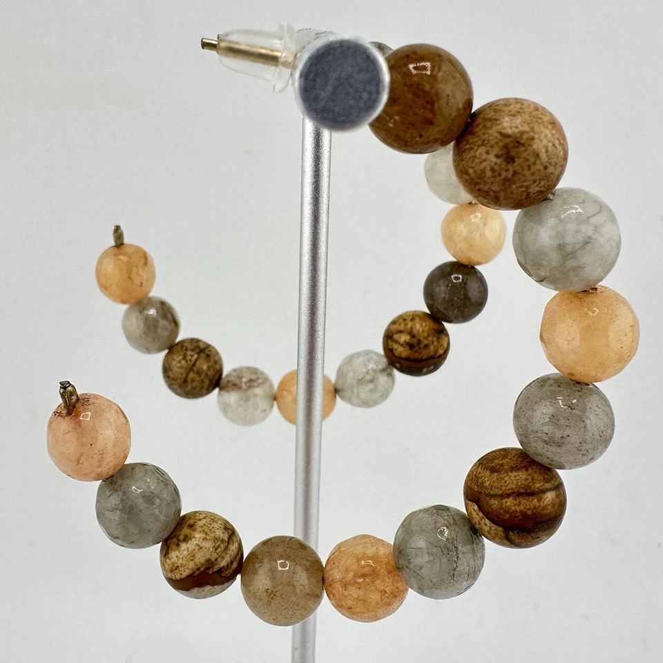 1.75” Gold Tone Natural Stone Agate Jasper Quartz Beaded C-Hoop Earrings - Image 1 of 4