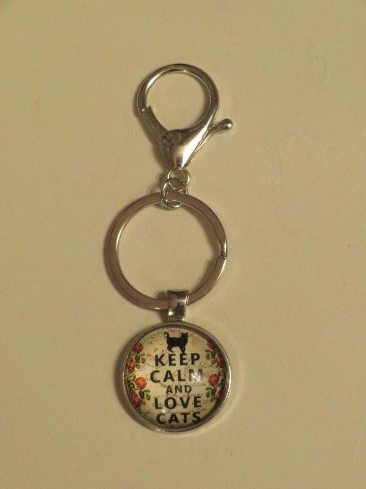 Keep Calm and Love Cats Glass Cabochon Metal Keychain KEY RING - Image 1 of 1