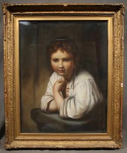 Dutch Antique Portrait of a Young Girl Leaning Window Manner of Rembrandt - Picture 1 of 7