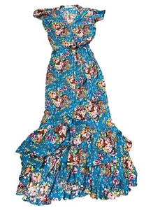 Auguste Wrap Dress Sz 6 Blue Floral Maxi Ruffled Flutter Sleeve Hi-Lo Hem - Picture 1 of 8