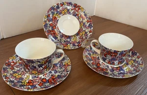 Block Bidasoa Floral 2 Tea Cups 3 Saucers Spain colorful multicolor VTG - Picture 1 of 4