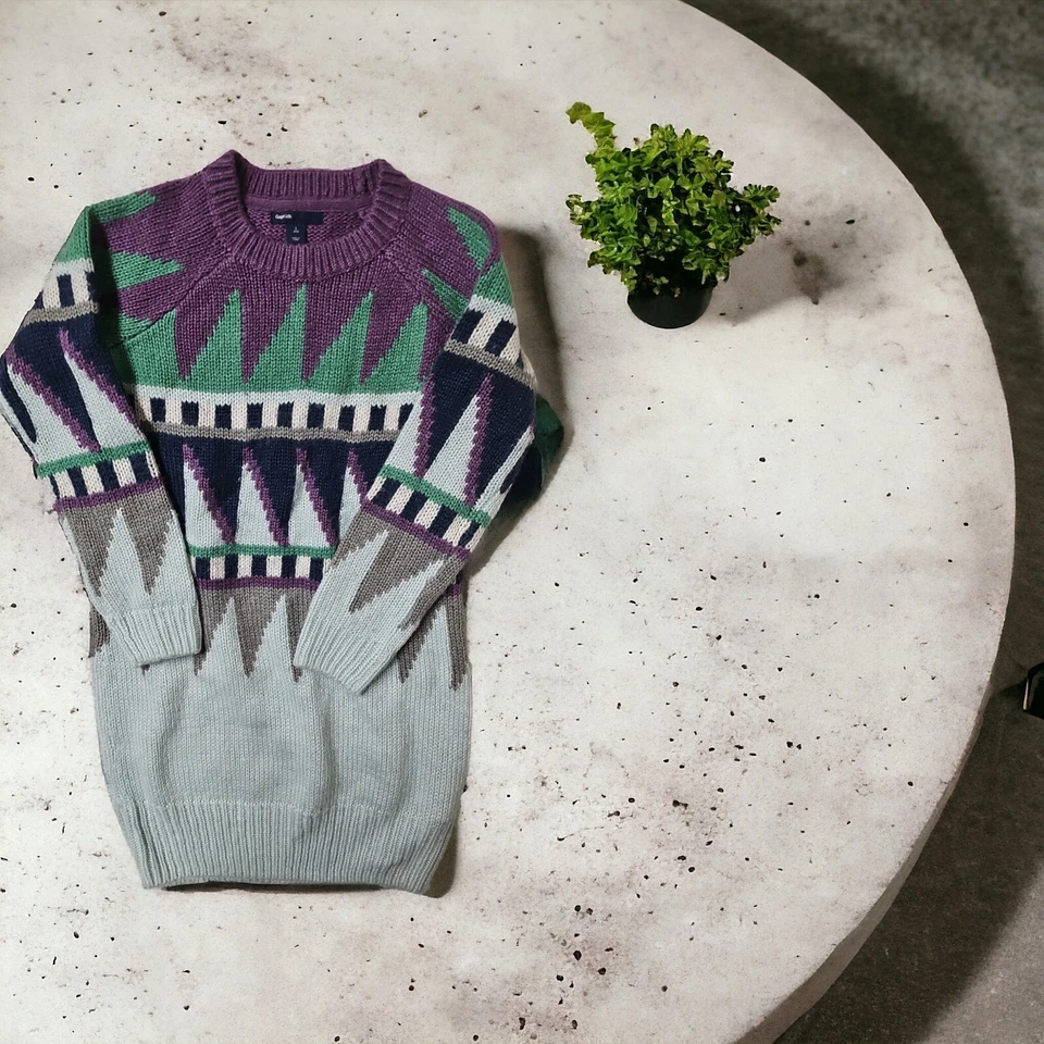 GAP Niños Niñas 10 Suéter Vestido Intarsia Tejido Manga Larga Geométrico Púrpura Verde Foto 1 de 4