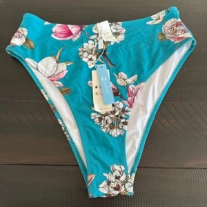 Cupshe High Waist Bikini Bottom Floral Print Swimsuit Bottoms Teal L - Picture 1 of 2