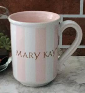 Vintage MARY KAY Collectible Pink White Stripes Ceramic Coffee Mug Gold Letters - Picture 1 of 4