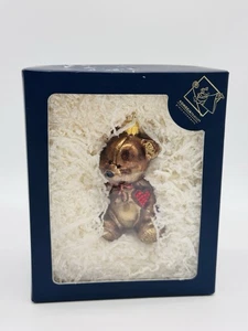 Komozja Glass Teddy Bear Ornament Brown with Red Heart Christmas Poland Boxed 4" - Picture 1 of 10