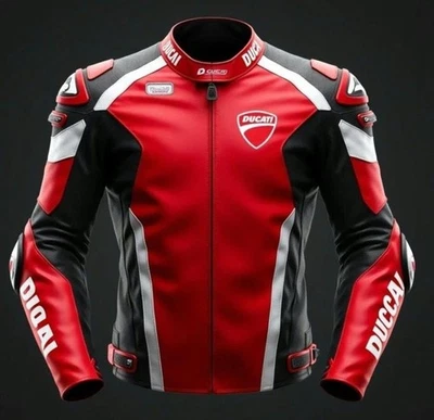 Red, Black and White Ducati MotoGP-Inspired Motorcycle Racing Leather Jacket - Image 1 of 3