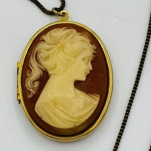 Vintage geschnitzte Kamee Medaillon Anhänger Halskette Nachlass Schmuck 18 Zoll - Bild 1 von 6