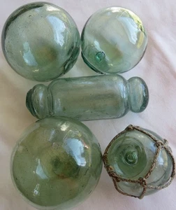 Japanese Glass Floats Lot-5 Mossy Green Mixed Sizes Ocean Fishing Antique USA BZ - Picture 1 of 10