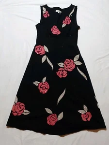 Rocha John Rocha UK 8 100% Cotton Black Floral Dress~ Rose Applique ~ Sequins - Picture 1 of 10