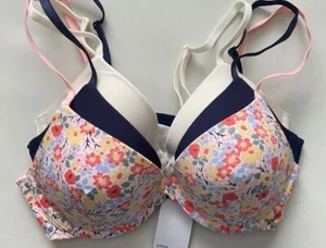 BNWT M&S 3PK COTTON RICH PADDED WIRED PLUNGE BRAS NAVY - CREAM - FLORAL PRINT - Picture 1 of 2