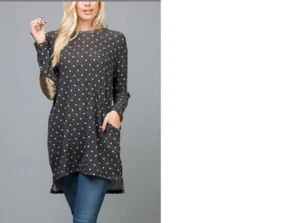 Acting Pro Gray White Polka Dot Tunic, Dress  Gold Sequined Elbow, Size XL - Picture 1 of 3