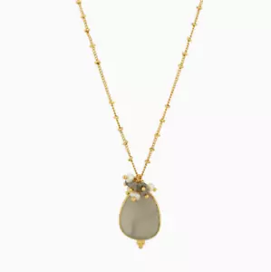 Grey Moonstone Necklace Pearl Labradorite Beads - 22 Carat Gold Plated Handmade - Picture 1 of 5