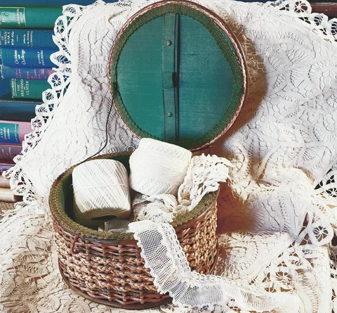Edwardian Sewing Basket, Braided Woven Wicker Box Cover